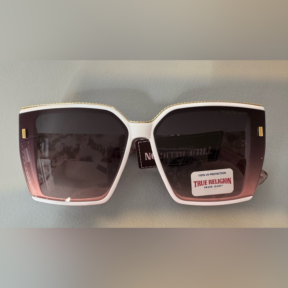 True Religion Gradient white frame oversized Sunglasses gold top accent oversize